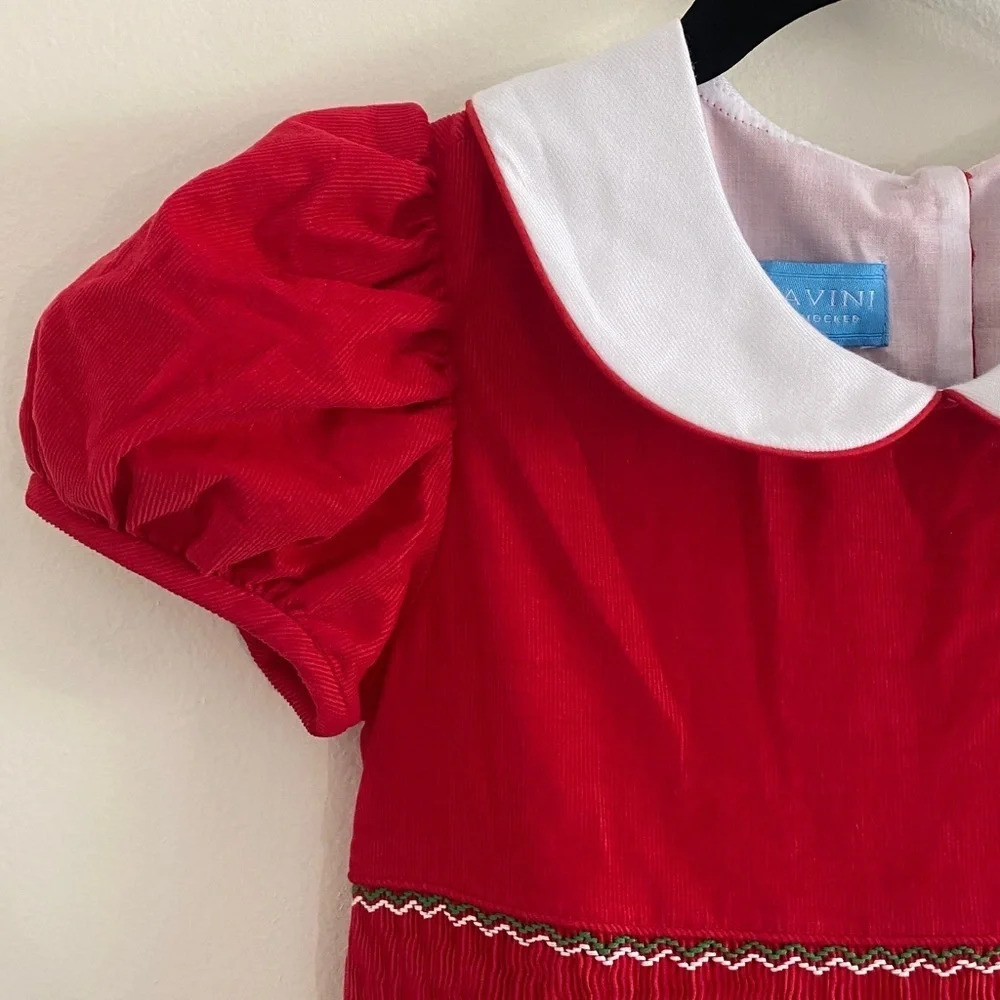 Anavini Handsmocked Girls Corduroy Christmas Candy Cane Dress with Tie Red 8